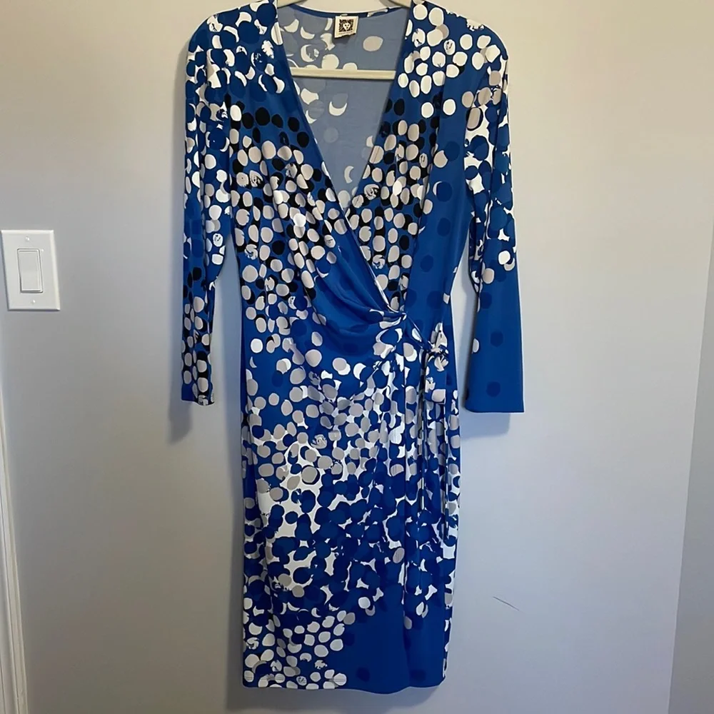 Anne Klein Blue and White Long Sleeve Wrap Dress - Picture 1 of 4